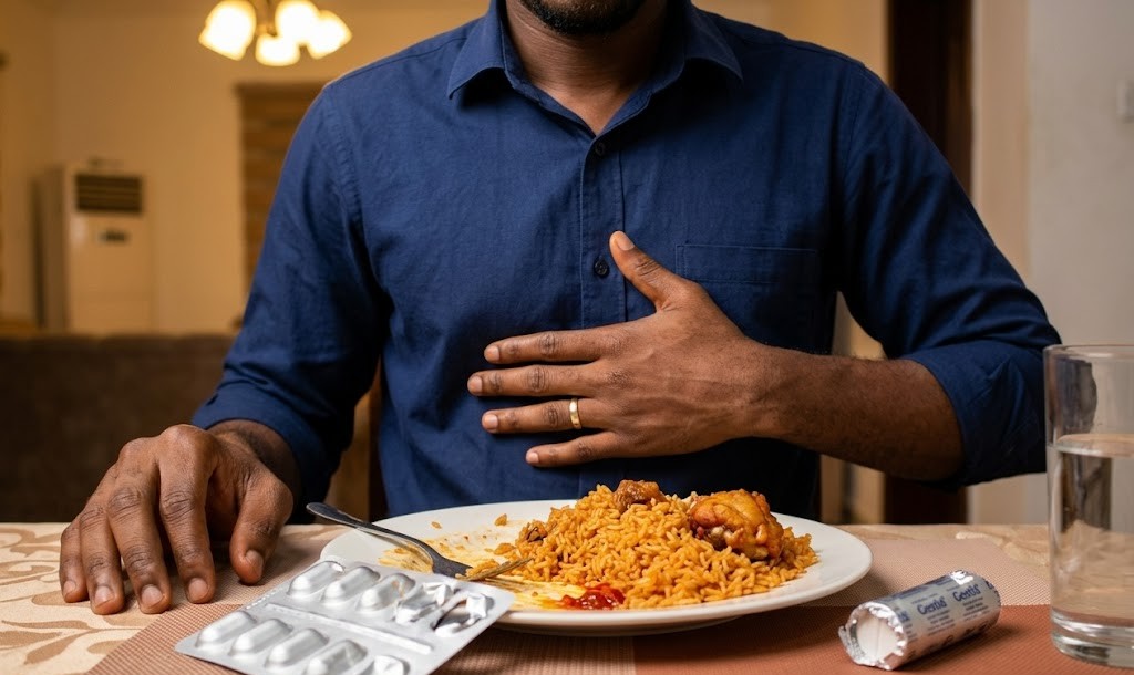 Man pressing stomach at dinner table